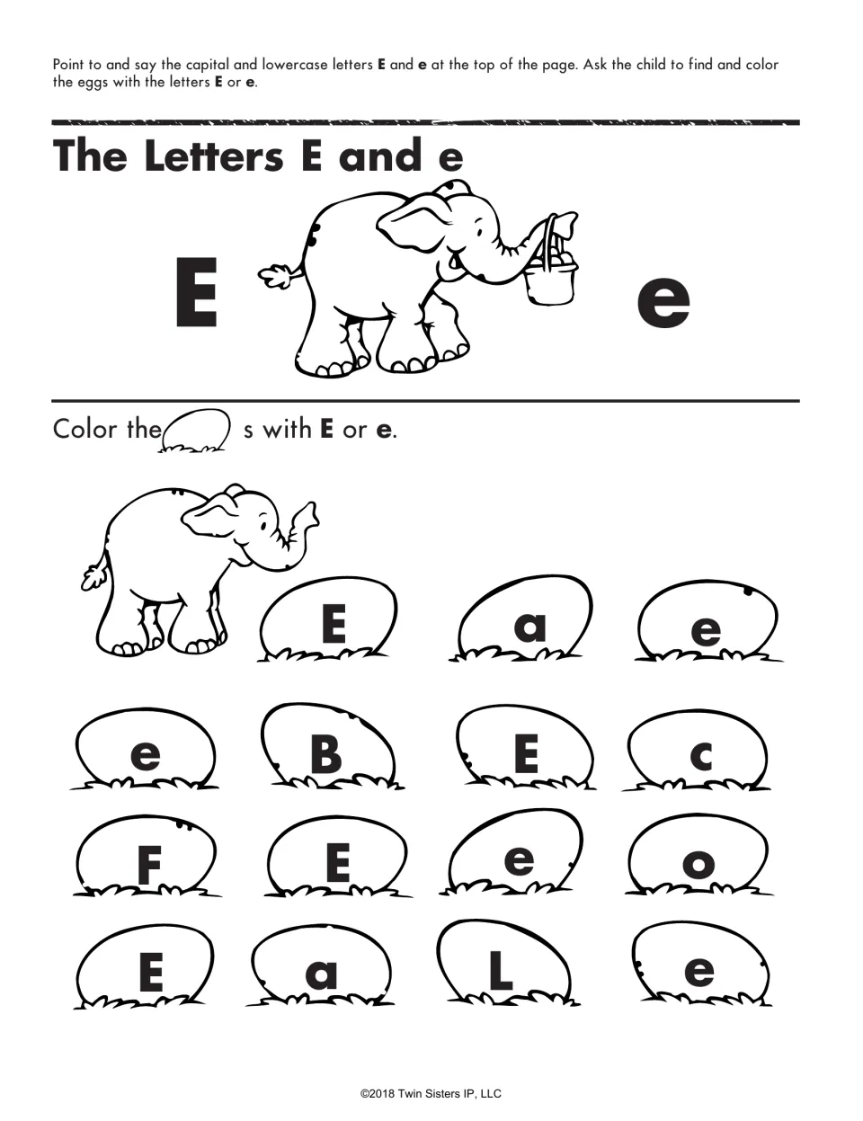 Letter E recognition: students color the eggs marked E or e out of 15 lettered eggs, beside an elephant