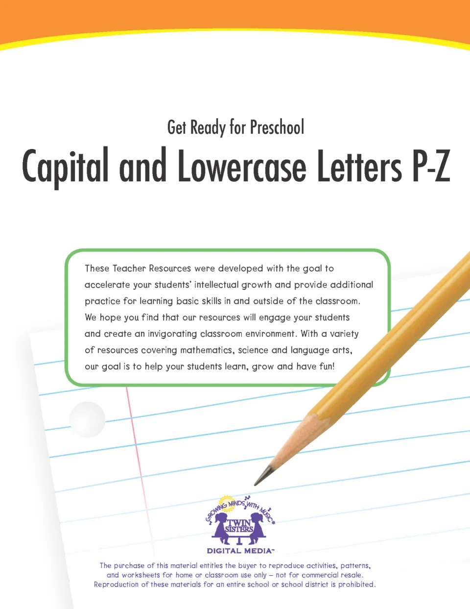Get Ready for Preschool cover: Capital and Lowercase Letters P-Z, letter practice pages from Twin Sisters Digital Media
