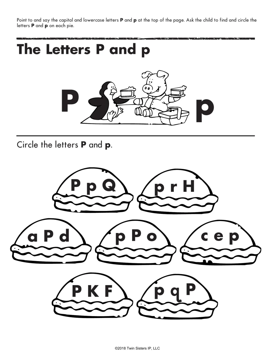 The Letters P and p: students circle every capital P and lowercase p among the letter groups printed on eight pies
