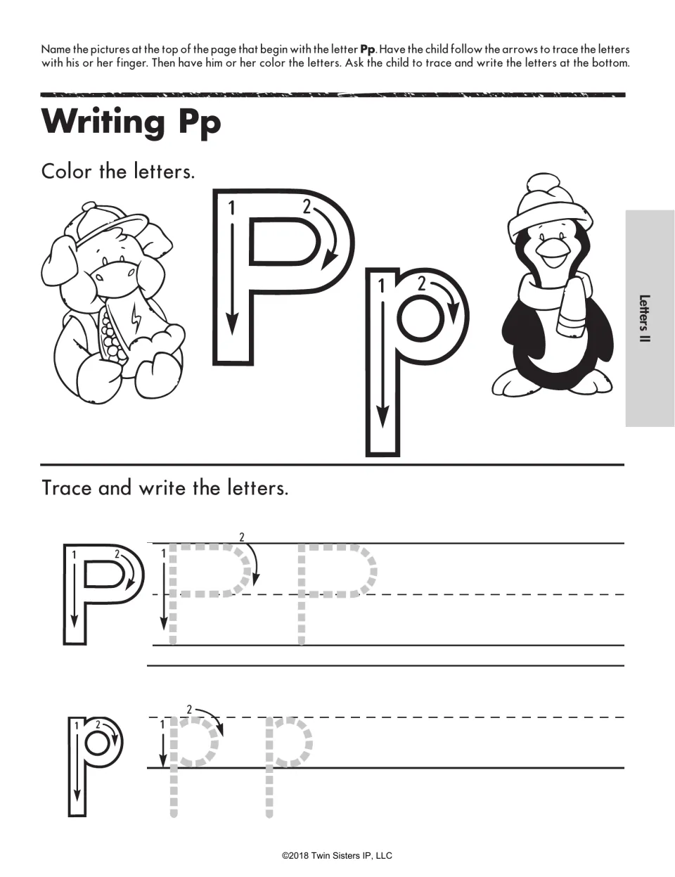 Writing Pp: students color a large P and p with numbered stroke arrows, then trace and write P and p on handwriting lines