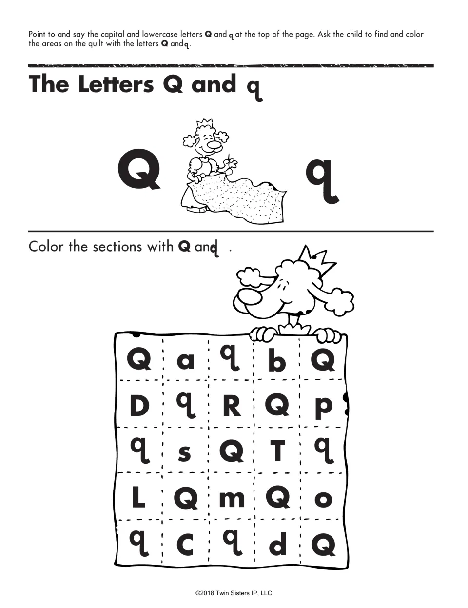 The Letters Q and q: students color each quilt square that shows a capital Q or lowercase q, skipping the other letters