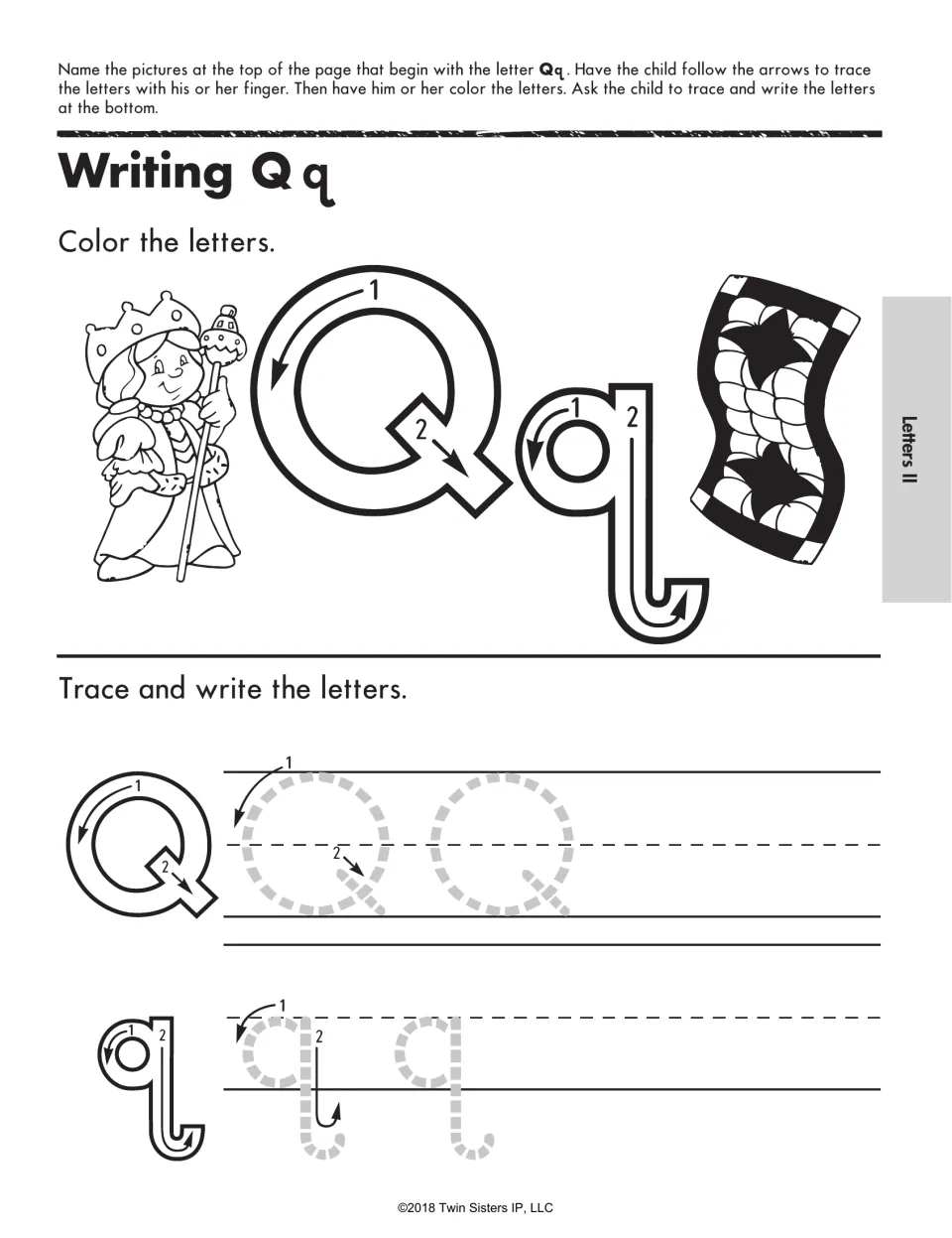 Writing Qq: students color a large Q and q marked with stroke-order arrows, then trace and write Q and q on writing lines