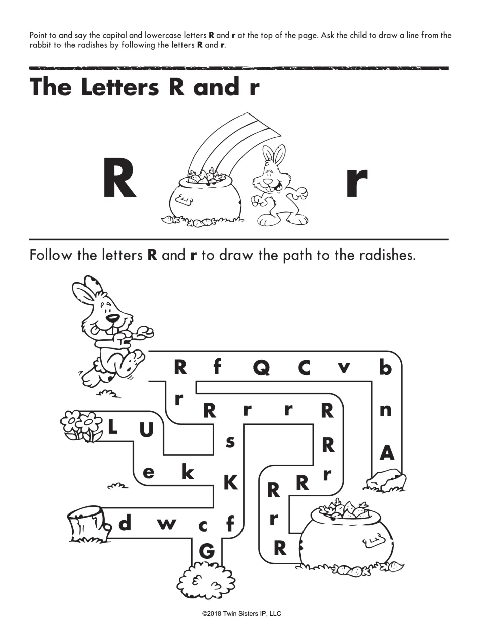The Letters R and r maze: students follow only capital R and lowercase r to draw the rabbit's path to the pot of radishes