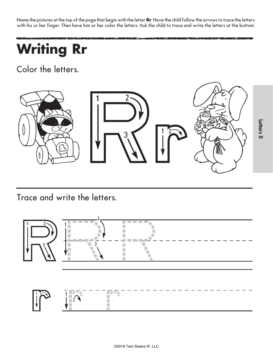 Writing Rr: students color a big R and r with stroke arrows, then trace and write R and r beside a raccoon and rabbit