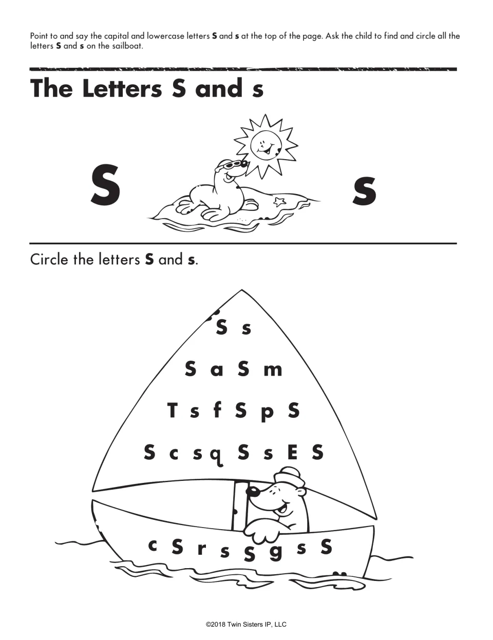 The Letters S and s: students find and circle every capital S and lowercase s mixed with other letters on a sailboat