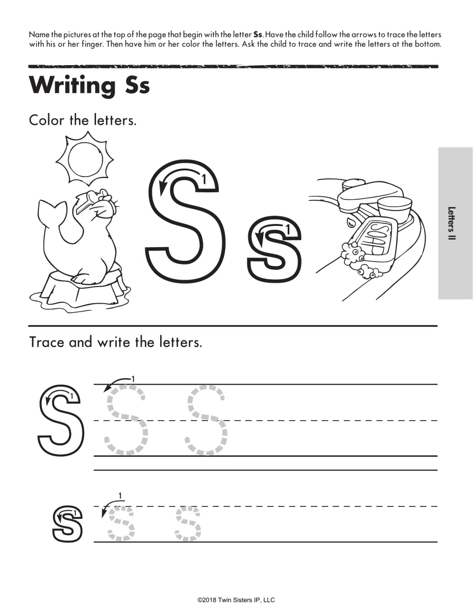 Writing Ss: students color a large S and s with stroke arrows near a seal and sink, then trace and write S and s on lines