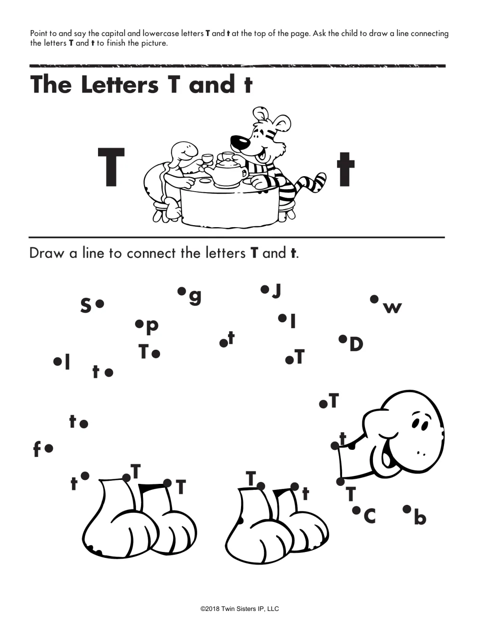 The Letters T and t dot-to-dot: students draw a line joining only the dots labeled T and t to finish the picture