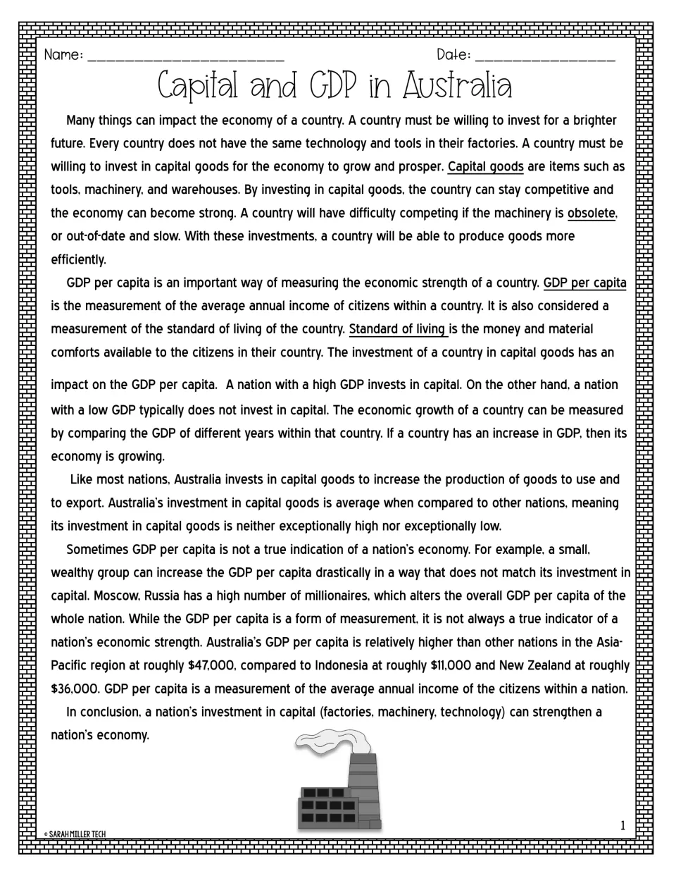Reading passage on capital goods and GDP per capita in Australia, comparing it with Indonesia and New Zealand incomes