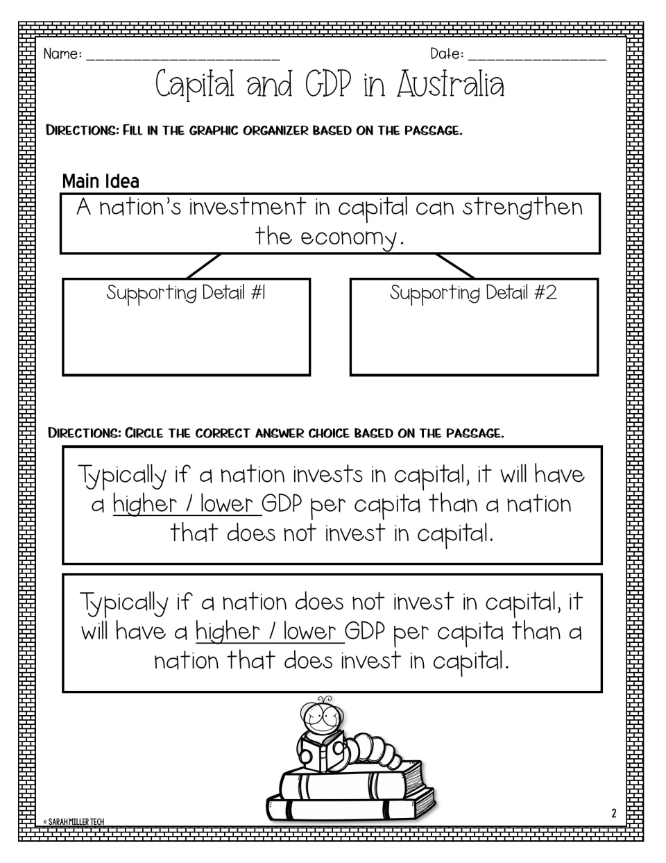 Main idea and details: students add two supporting details for capital investment, then circle higher or lower GDP