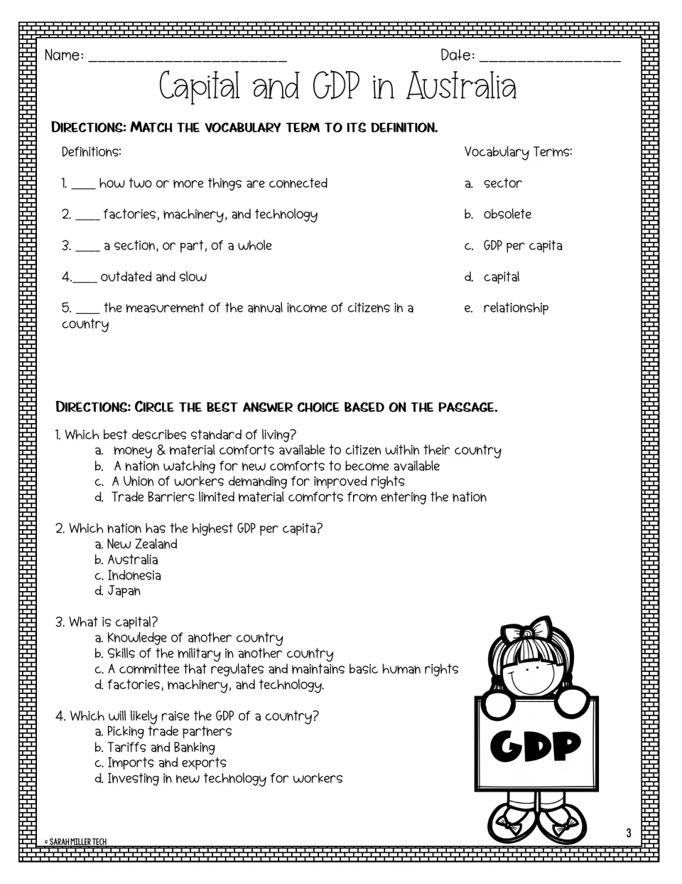 Economics vocabulary match for sector, obsolete, GDP per capita, capital and relationship, plus 4 multiple-choice questions