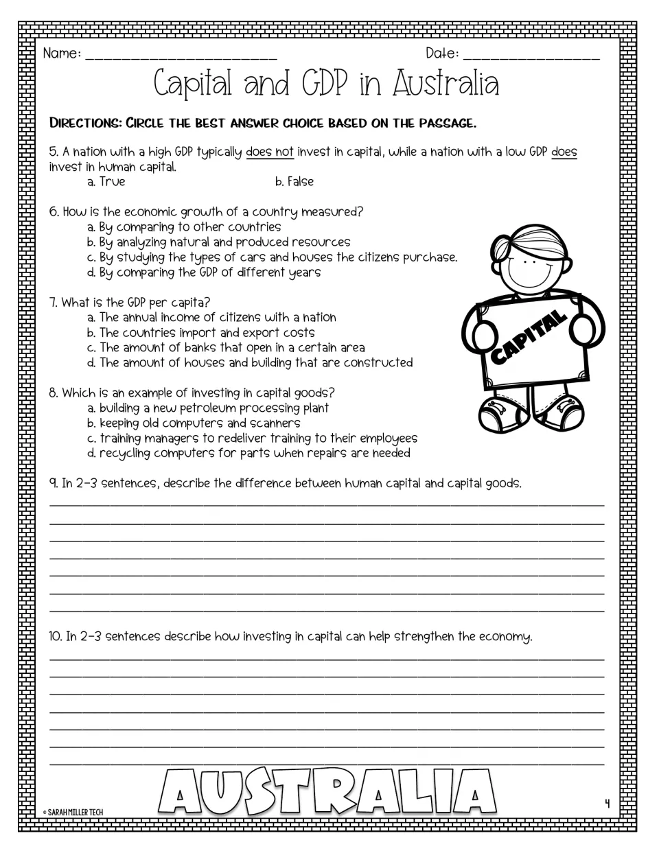 GDP and capital questions: students answer true/false and multiple choice, then write short responses on capital goods
