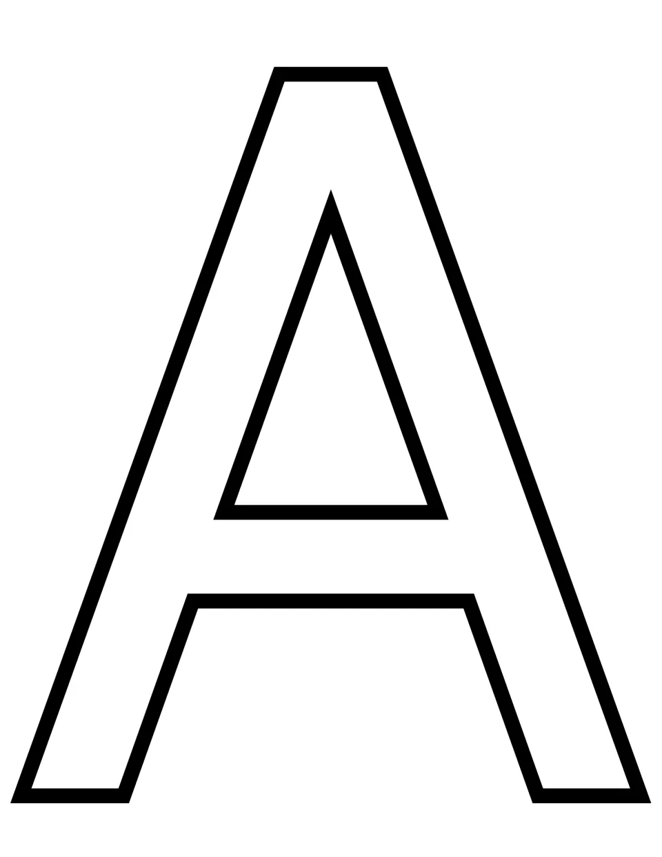 Capital letter A template: a full-page hollow outline of uppercase A for students to color, decorate or cut out