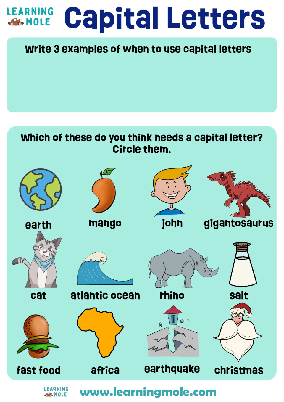 Capitalization practice: students write 3 uses of capital letters, then circle words like john, africa and christmas