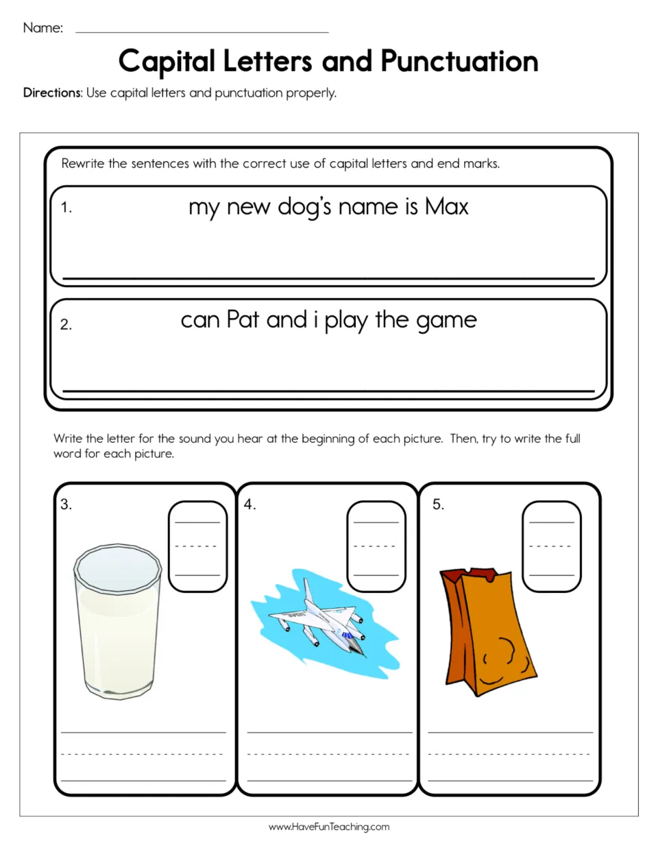 Sentence rewriting practice: Max the dog and Pat's game, plus beginning sounds for cup, plane, and bag.
