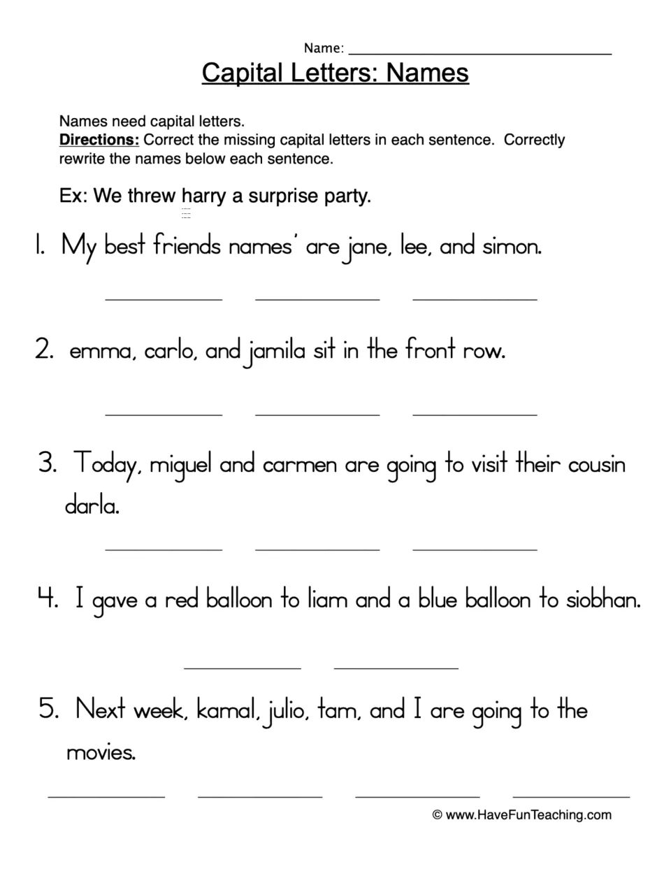 Name capitalization practice: correct names in five sentences, including jane, lee, simon, emma, and carlo.