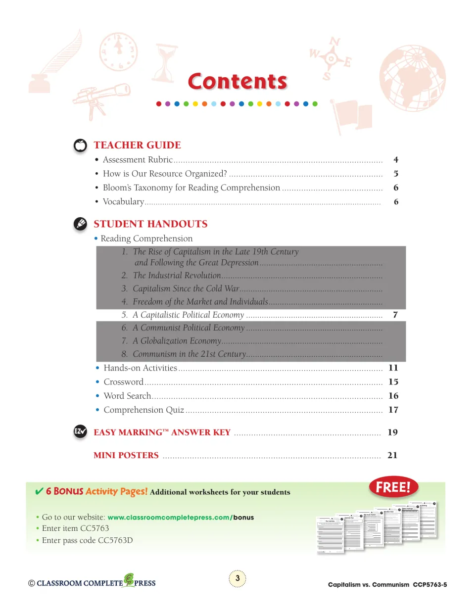 Contents page: teacher guide, chapter 5 reading 'A Capitalistic Political Economy', crossword, quiz, answer key