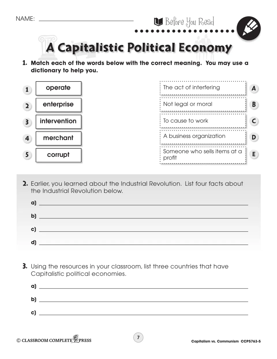 Before You Read: match operate, enterprise, merchant and 2 more to meanings; list Industrial Revolution facts