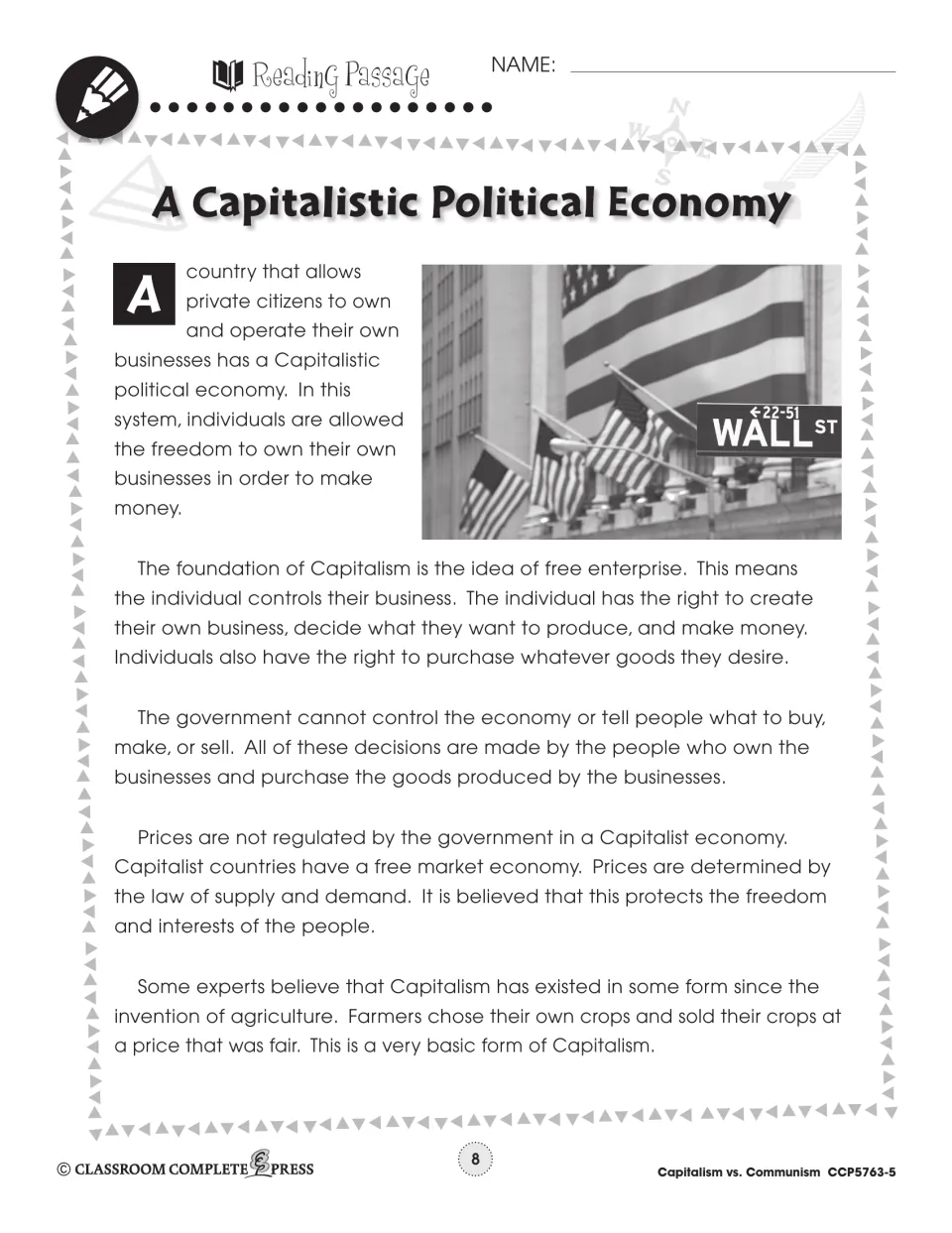 Reading passage part 1: private citizens own businesses, free enterprise, and prices set by supply and demand