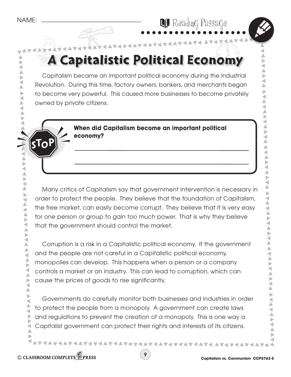 Reading passage part 2: Capitalism in the Industrial Revolution, monopolies and corruption, with one STOP question