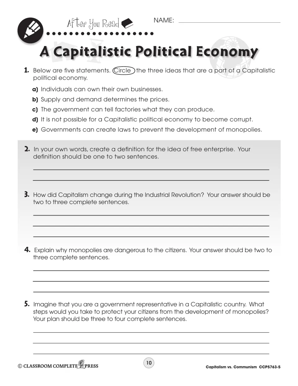 After You Read: circle 3 capitalist ideas, define free enterprise, explain monopoly dangers and more