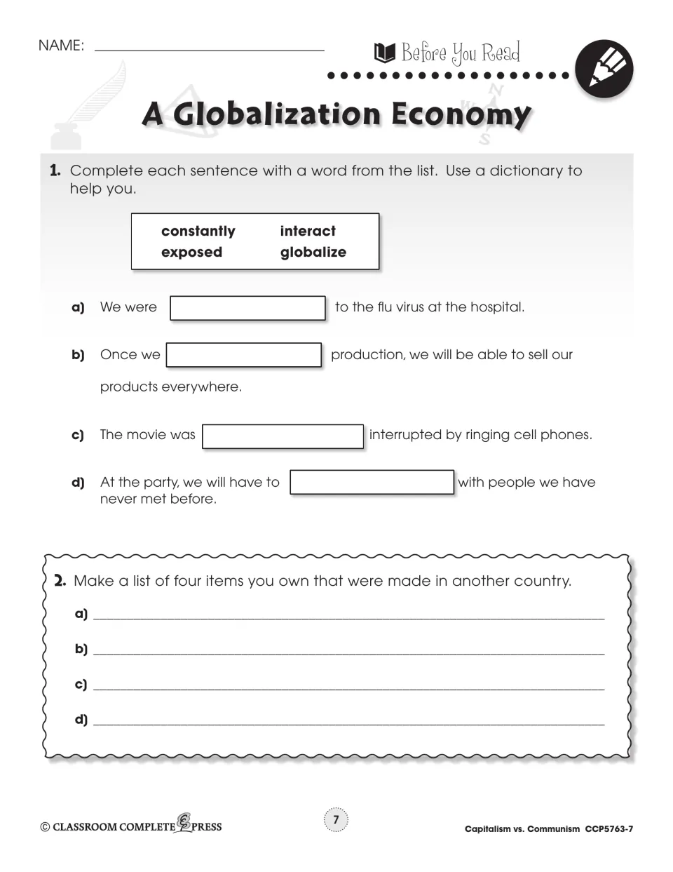 Before You Read: fill in constantly, exposed, interact, globalize in 4 sentences, then list items made abroad