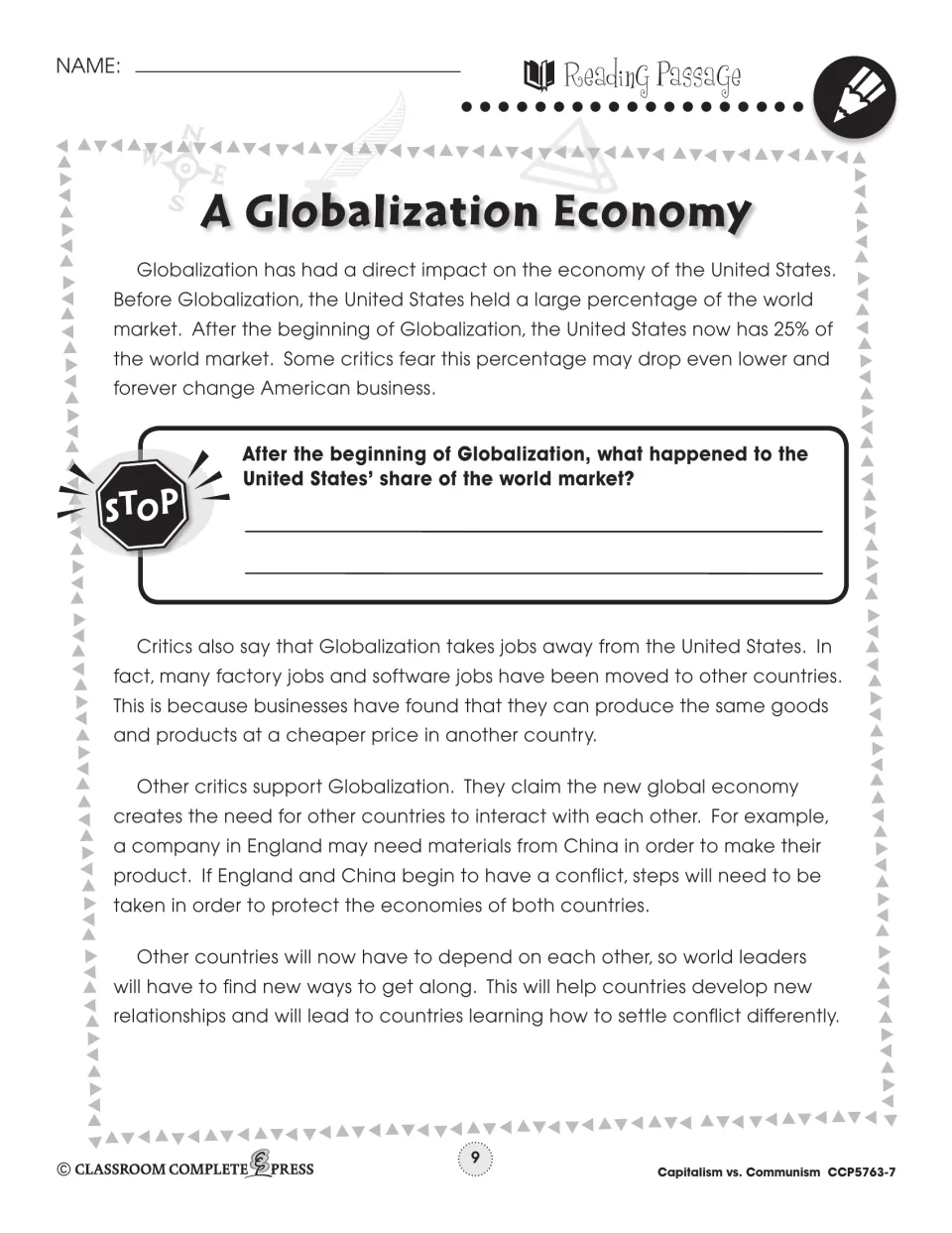 Reading passage part 2: US share of the world market falls to 25%, critics' views, and a STOP question