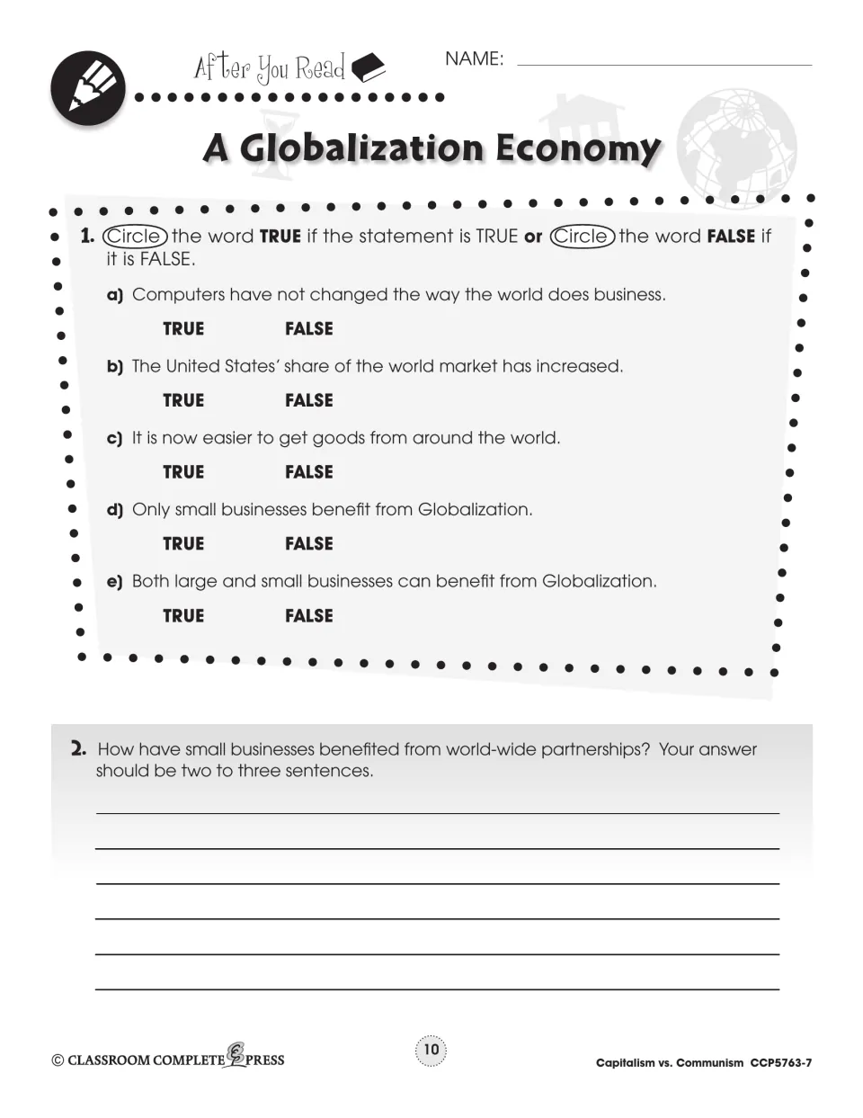 After You Read: five true/false statements on globalization and a short answer on small business partnerships