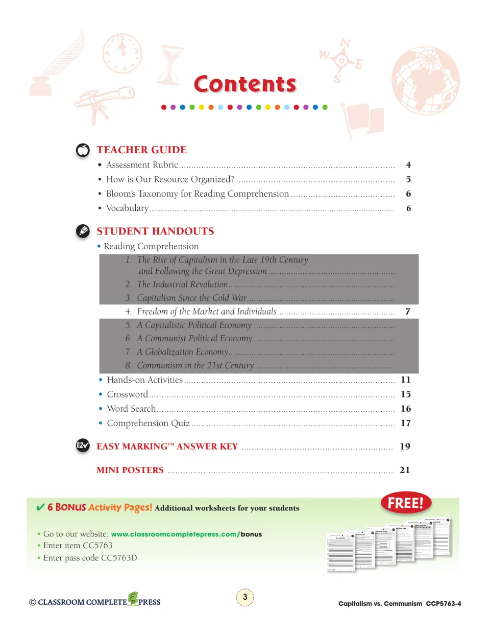 Contents identifies the selected market freedom chapter, teacher guide, activities, quiz, and answer key