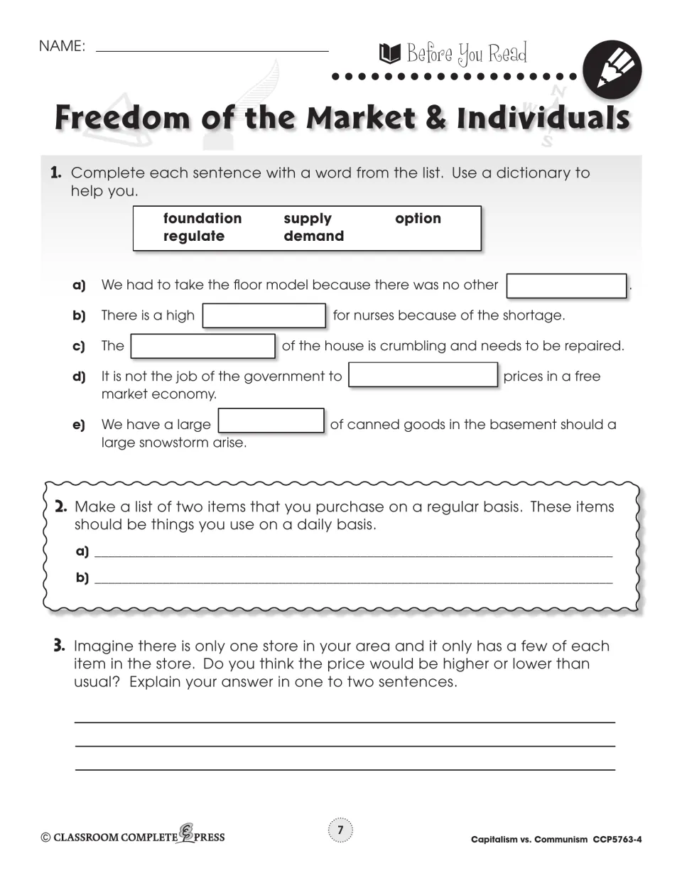 Prereading worksheet practices five vocabulary words and asks about daily purchases and limited store supply