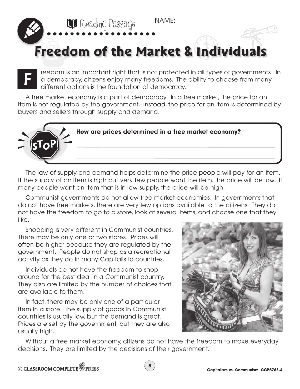 Reading passage explains supply and demand and contrasts consumer choices in free and government-run markets