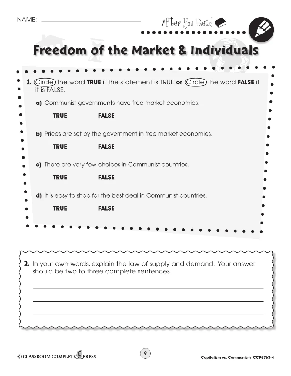 First follow-up worksheet checks four true-or-false statements and asks students to explain supply and demand