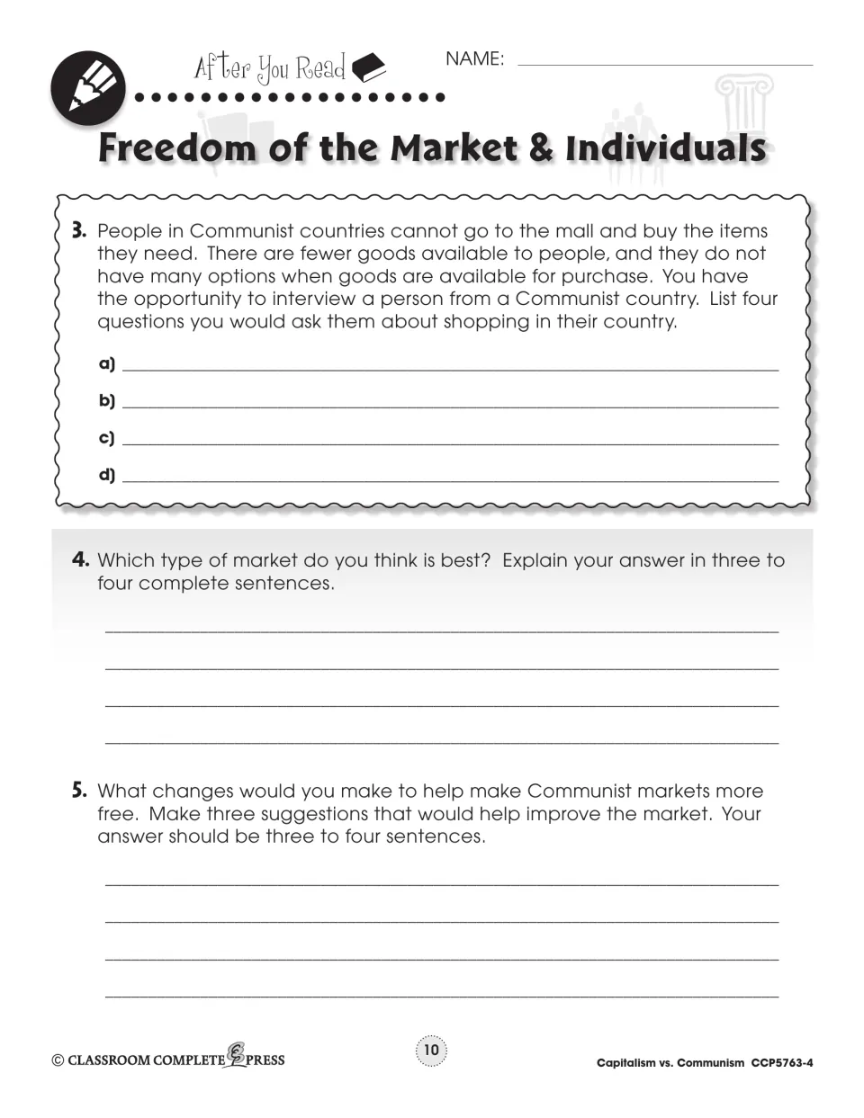 Second follow-up worksheet asks for shopping interview questions, a market preference, and suggested reforms
