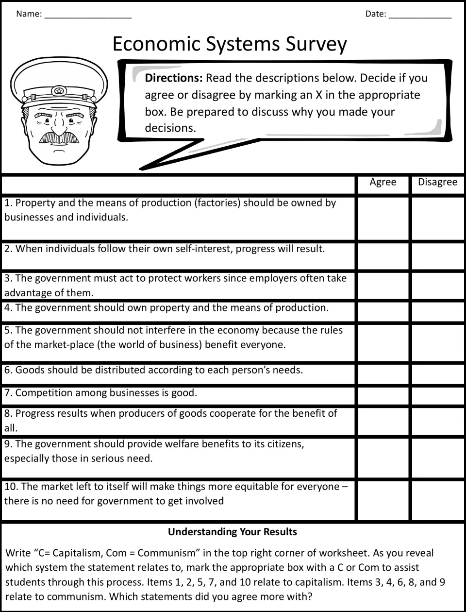 Economic systems survey: students mark agree or disagree on 10 statements, then sort them as capitalist or communist