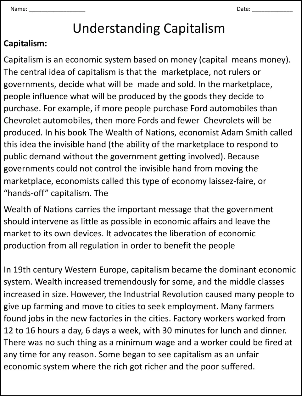 Understanding capitalism reading: Adam Smith's invisible hand, laissez-faire and factory work in the Industrial Revolution