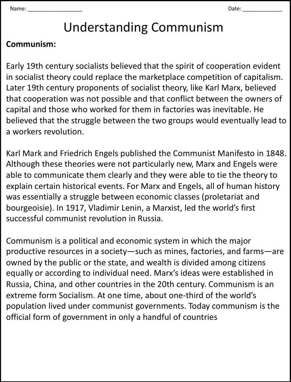 Understanding communism reading: Marx and Engels, class struggle, Lenin's 1917 revolution and state-owned resources