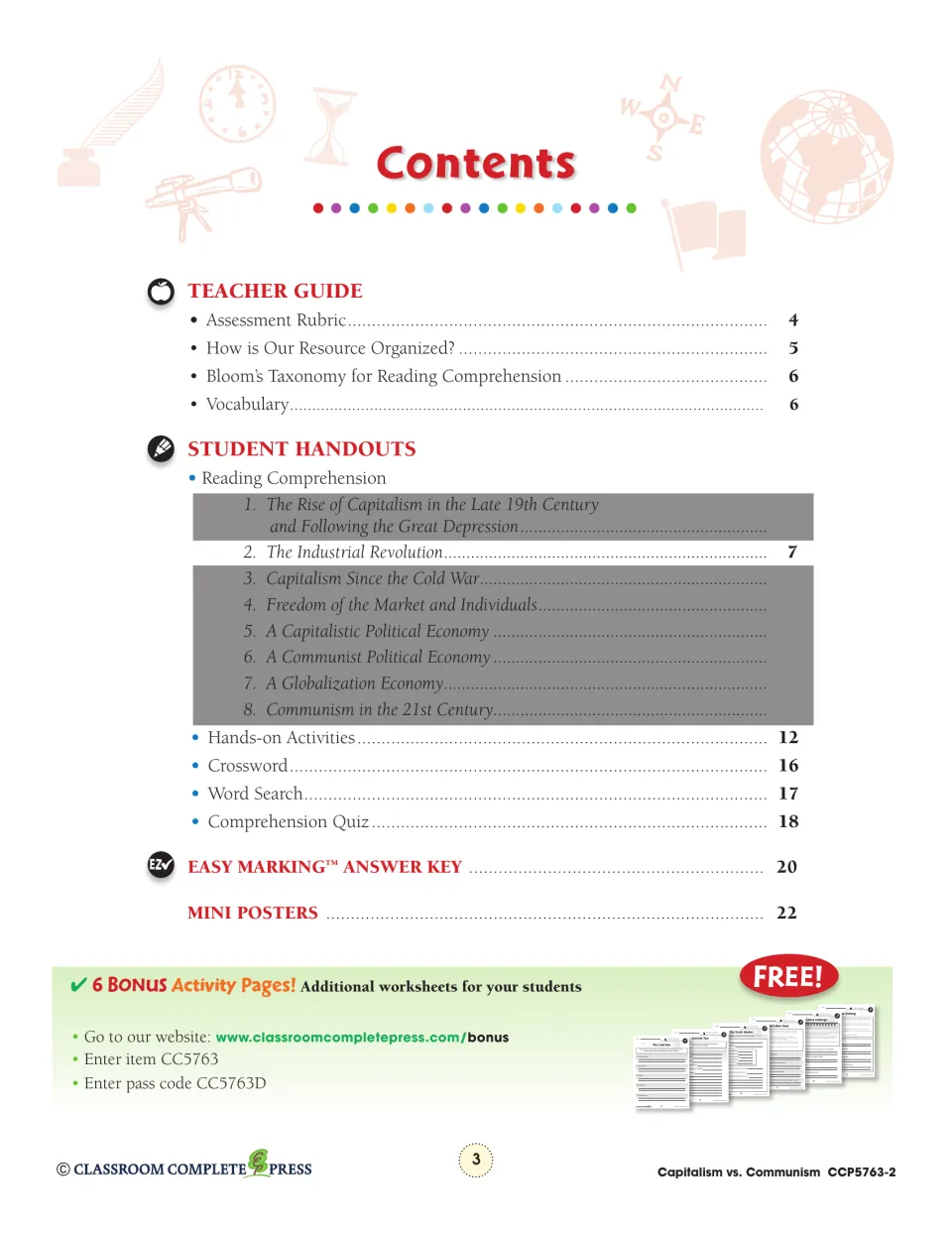 Contents listing teacher guide pages, the Industrial Revolution reading, activities, crossword, quiz and answer key