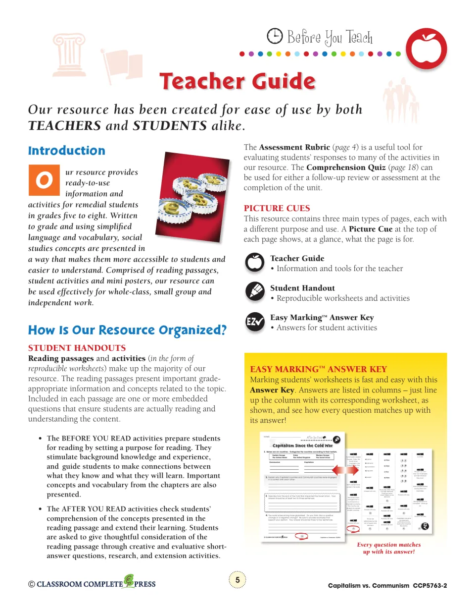 Teacher guide explaining before and after you read activities, picture cues and how the Easy Marking key works