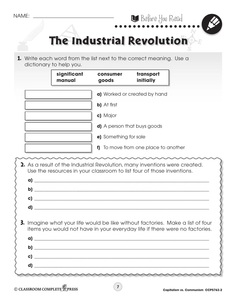 Industrial Revolution pre-reading: students match six words like manual and consumer to meanings, then list inventions