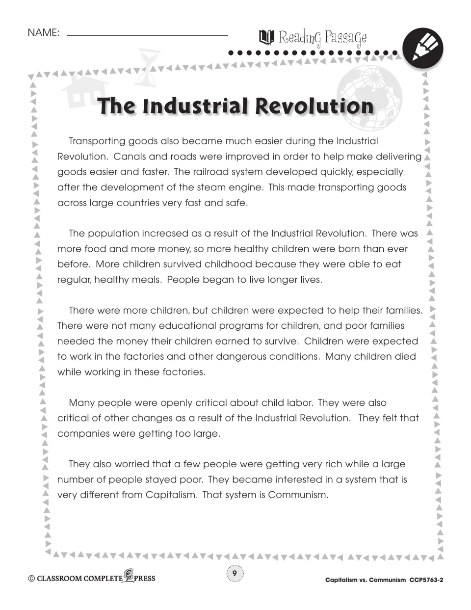 Reading passage continued: railroads and canals, population growth, child labor and the turn toward Communism