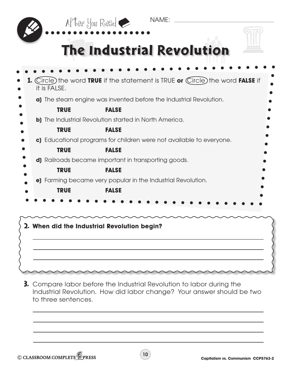 Industrial Revolution comprehension check: five true/false items, when it began, and a labor comparison