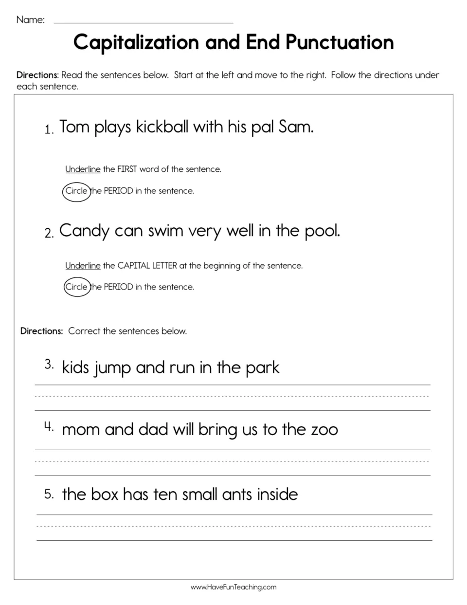 Capital letters and end marks: students underline first words, circle each period, then rewrite 3 lowercase sentences