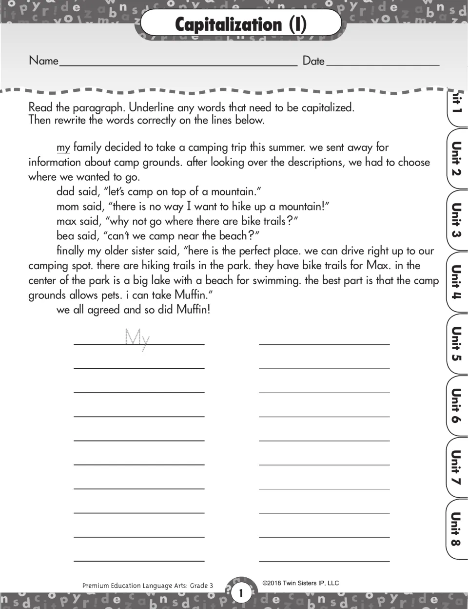 Capitalization I: find and correct lowercase words in a camping-trip paragraph featuring Max, Bea, and Muffin