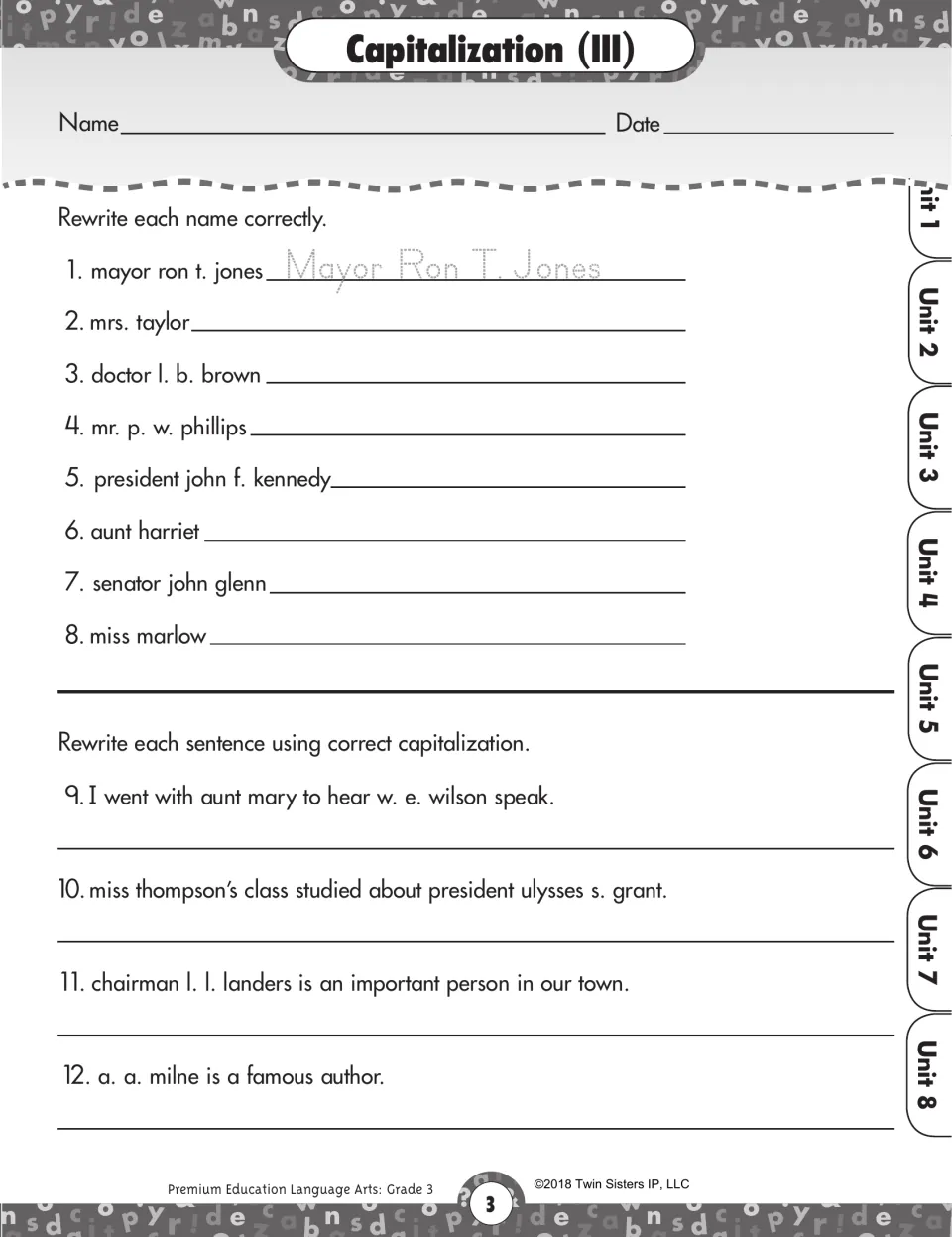 Capitalization III: correct eight names with titles or initials, then rewrite four sentences using capitals