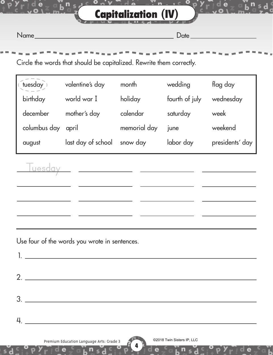 Capitalization IV: identify and correct days, months, holidays, and World War I, then write four sentences