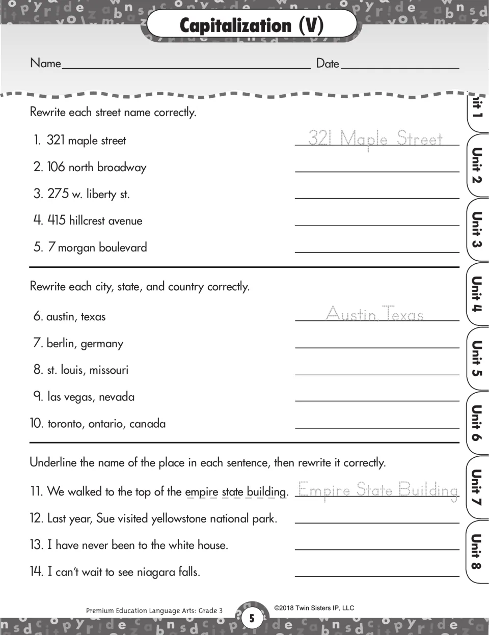 Capitalization V: correct street addresses, cities, states, countries, and landmarks such as Niagara Falls