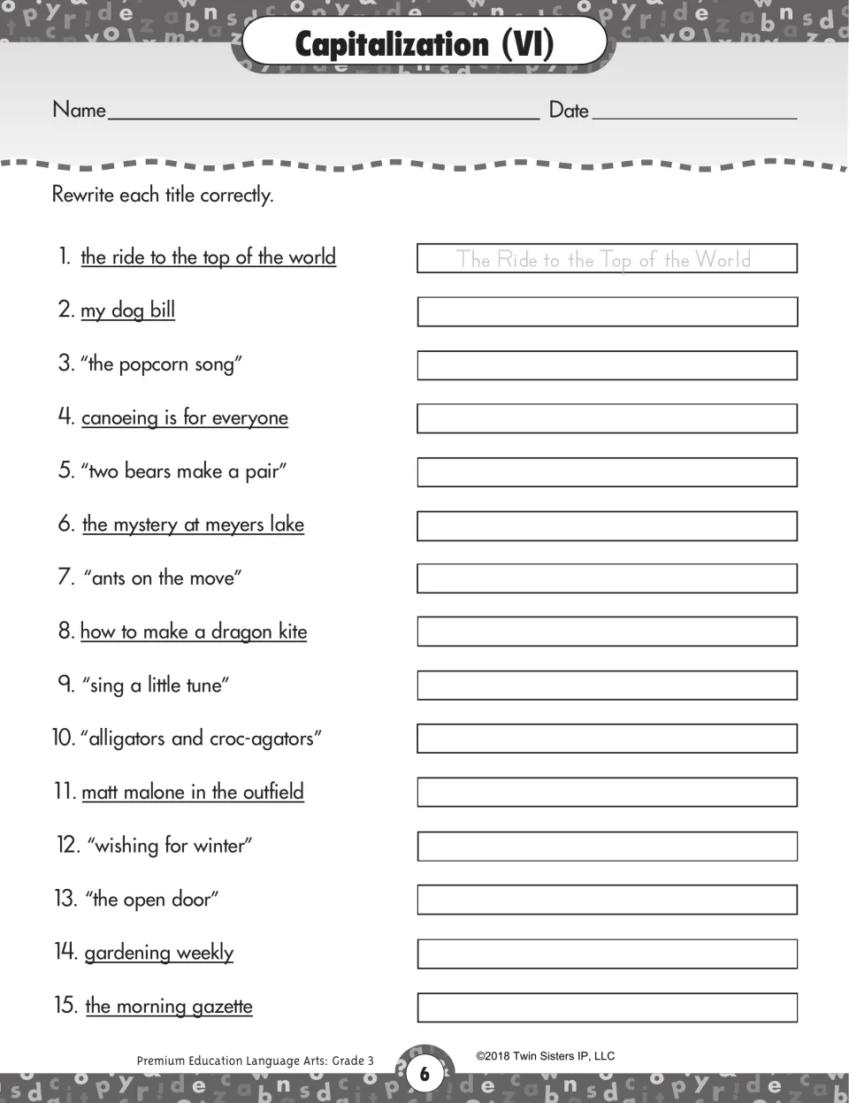 Capitalization VI: rewrite 15 titles correctly, including My Dog Bill, The Popcorn Song, and Gardening Weekly