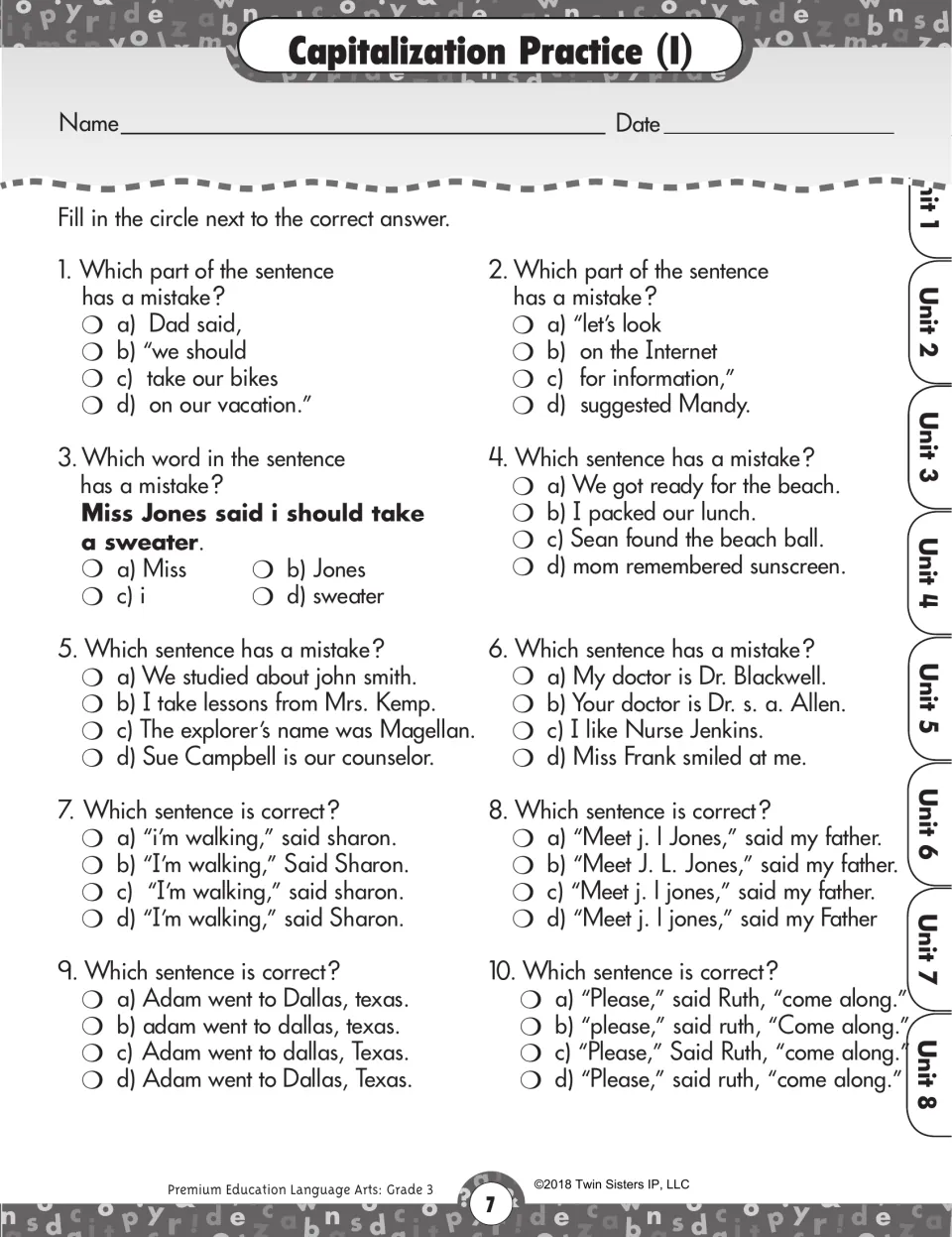 Capitalization Practice I: 10 multiple-choice questions on capitals in dialogue, names, initials, and places