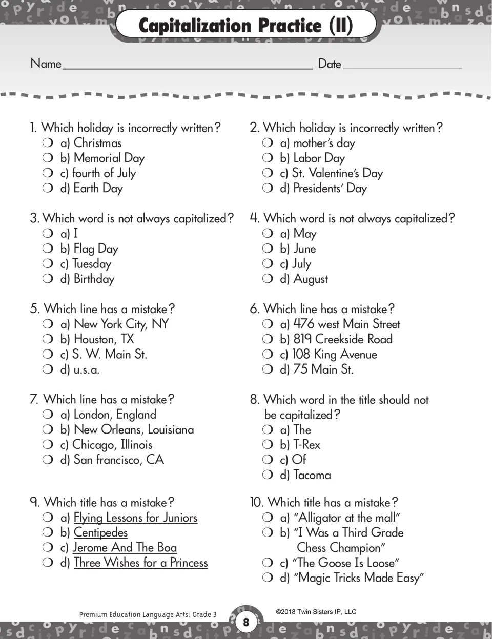 Capitalization Practice II: 10 multiple-choice questions about holidays, months, addresses, cities, and titles