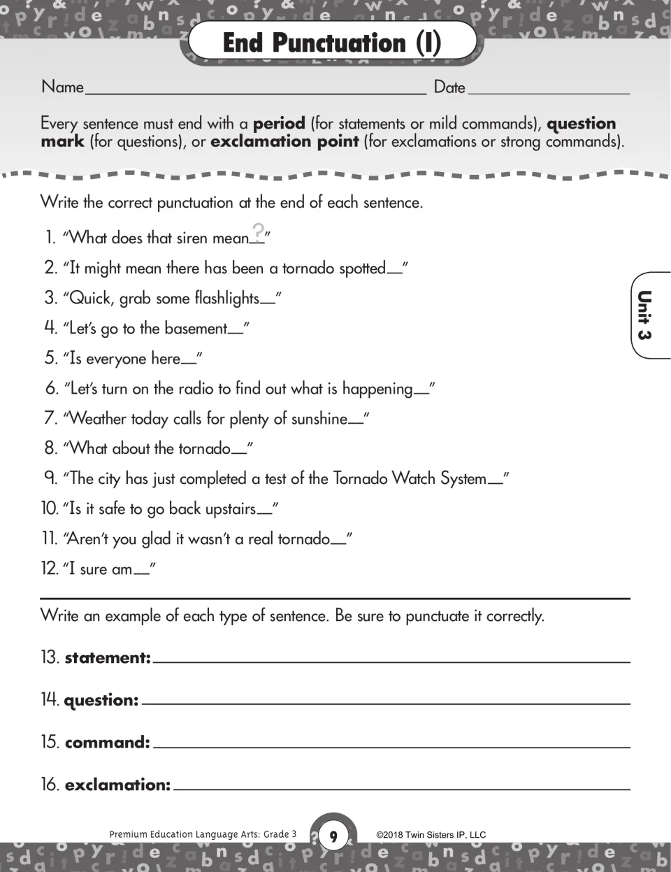 End Punctuation I: add ending marks to 12 tornado-siren sentences, then write four types of sentences