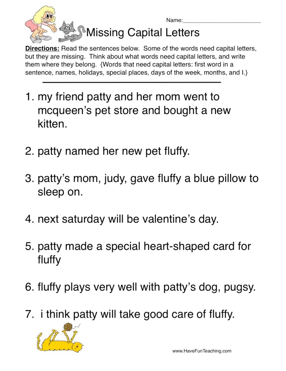 Capitalization practice: seven sentences about Patty, her kitten Fluffy, and Valentine's Day to correct.